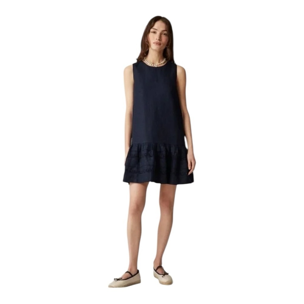 J Crew Maxine Tiered Ruffle Trim Shift Dress in Navy Linen Womens Size Petite S